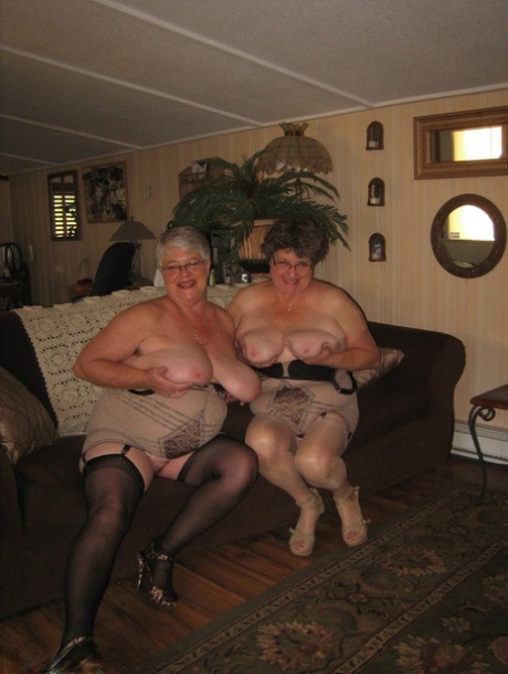 Old women strip down to matching girdles before baring floppy tits and beavers