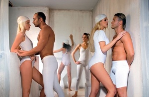Hot dancers suck the jizz from the dicks of male compatriots during groupsex