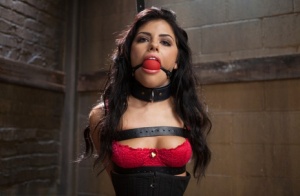 Submissive brunette is fitted with a ball gag before being masturbated 72804373