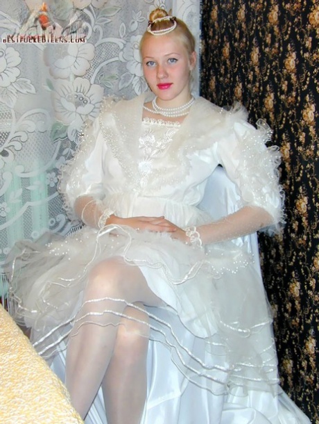 Young looking girl with red lips dons mother's wedding dress for dildo action 79891526