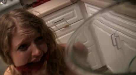 White girl Emily pees into a bowl while cleave gagged and squatting 58650628