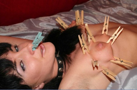 Dark-haired girl undergoes breast and nipple torture during lesbian play 44326033