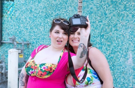 Overweight lesbian Alana Lace and a thick girlfriend go to the beach in shades 48122535