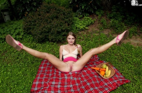 Teen beauty Hannah Hawthorne masturbates with veggies during a picnic for one 38862909